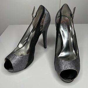 GUESS Peep Toe Glitter Platform Heels